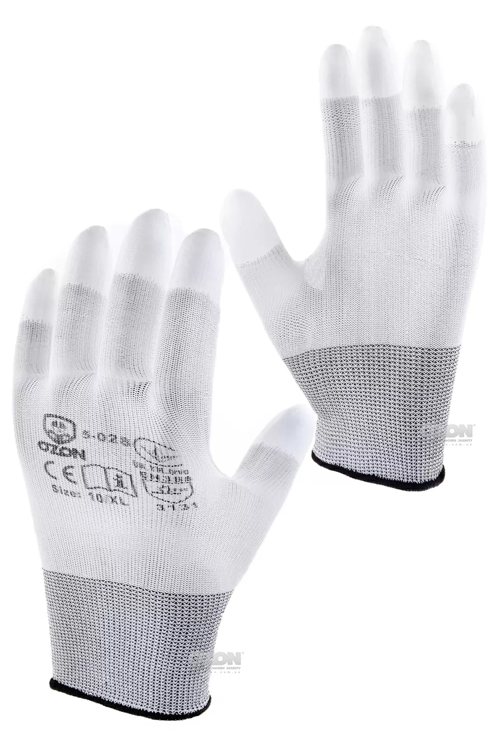12 пар рукавички п/е з поліуретановим покриттям кінчиків пальців, білі 5-028 - Фото 1