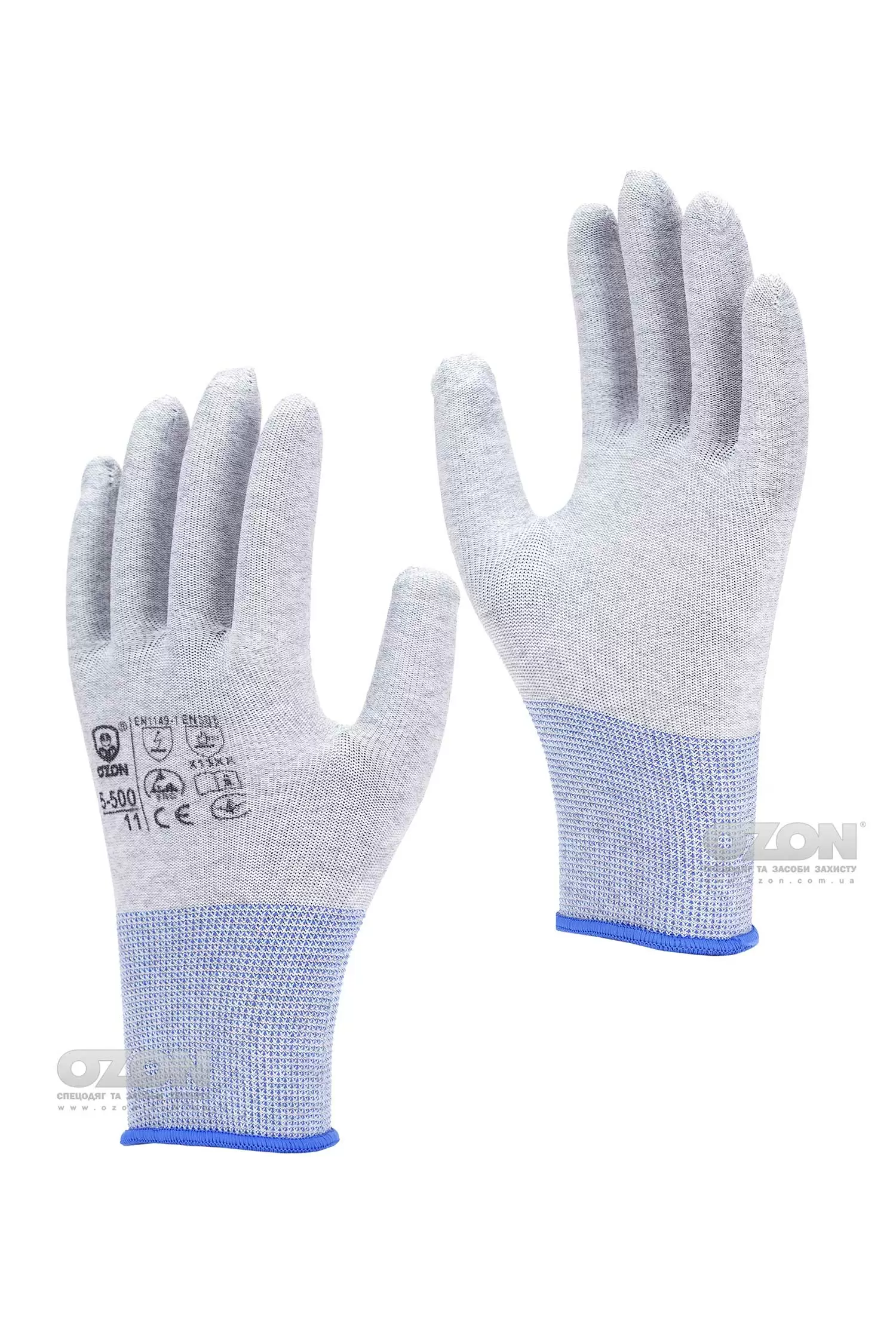 Антистатические перчатки OZON 5-500 без покрытия, серые - Фото 1