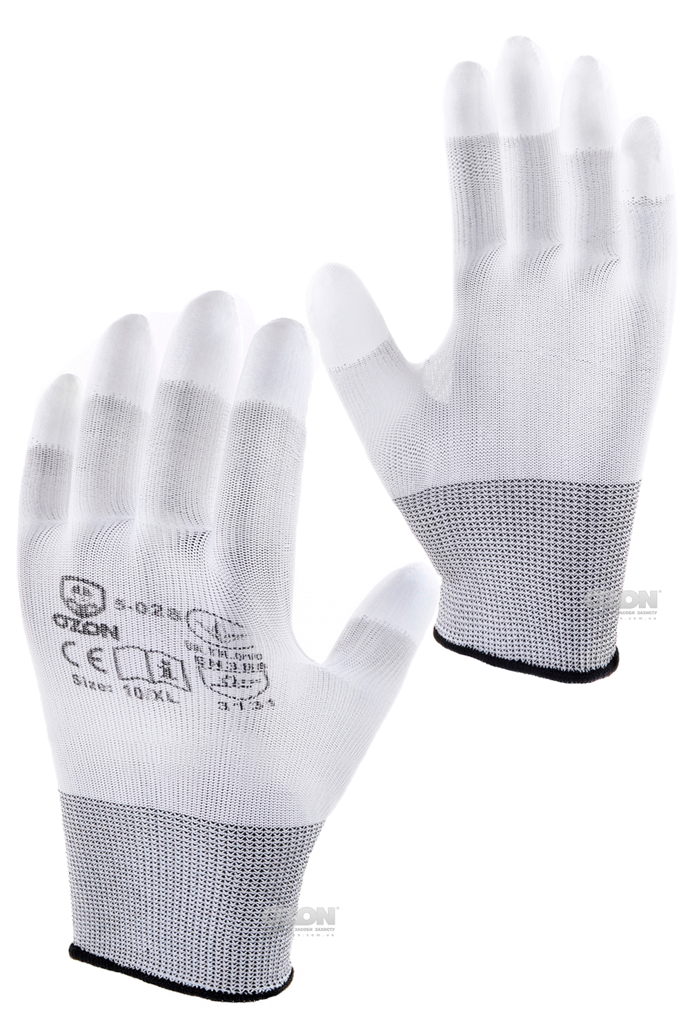 12 пар перчатки п/э с полиуретановым покрытием кончиков пальцев белые 5-028 - Фото 1